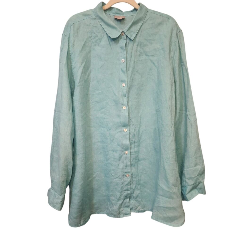 J Jill Blouse Womens XL Light Green Linen Button Up Lagenlook Boho Coastal
